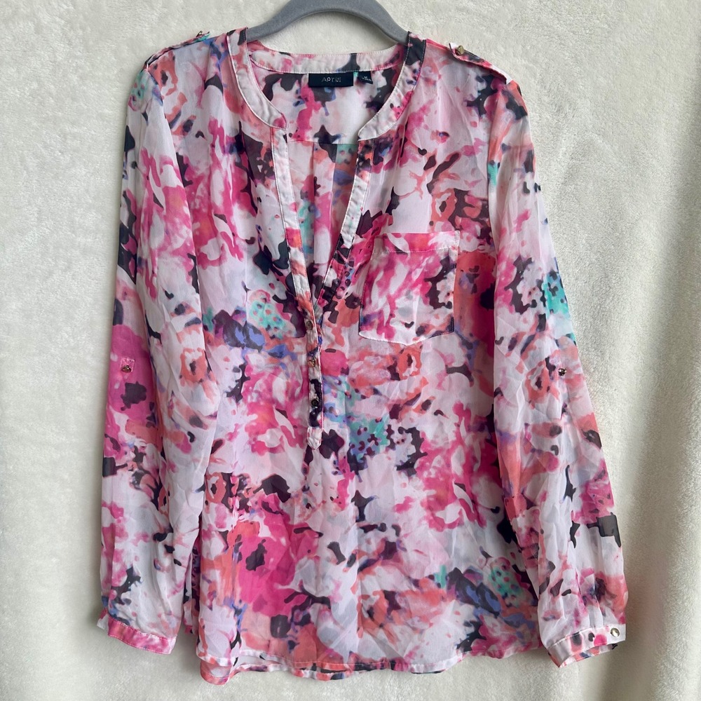 Apt 9 Pink Watercolor Abstract Floral Sheer Blouse M Roll Tab Sleeve Tunic